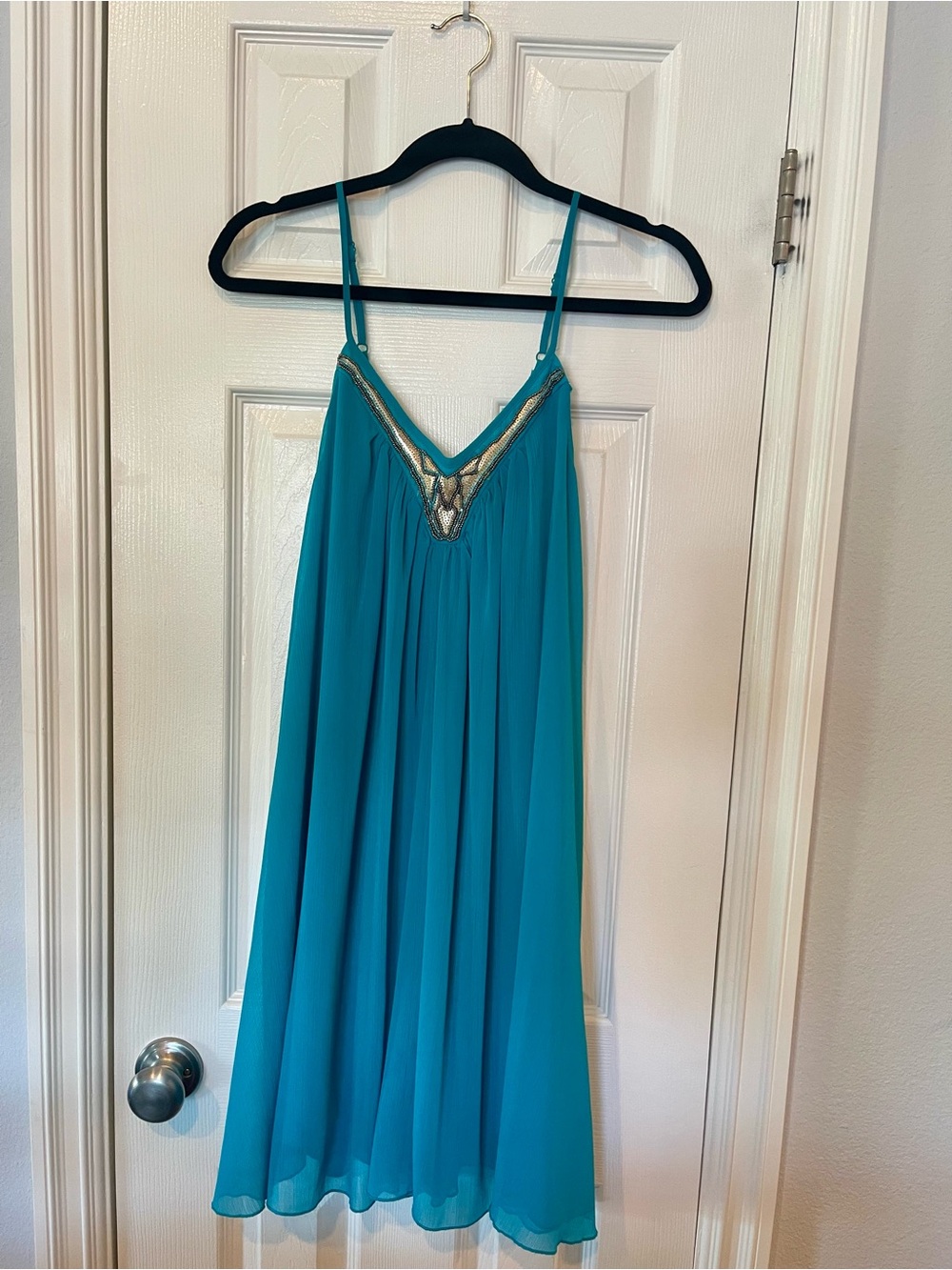 Dex Teal Chiffon Dress with Metallic Embellished V
